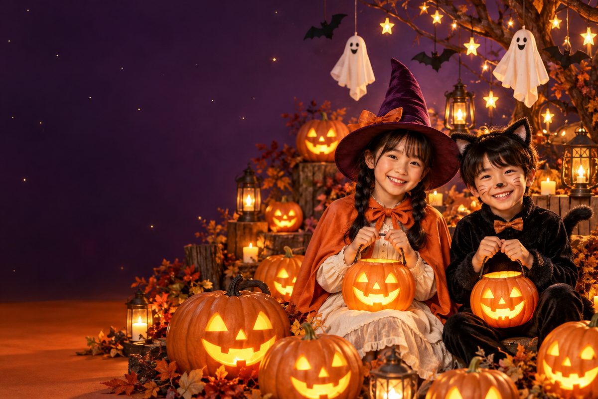 かぼちゃのランタンと仮装を楽しむ子どもたち。イメージ写真。