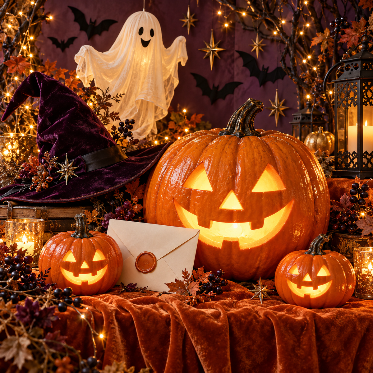 光るかぼちゃ、魔女の帽子、おばけが彩るハロウィンの招待状。イメージ写真。